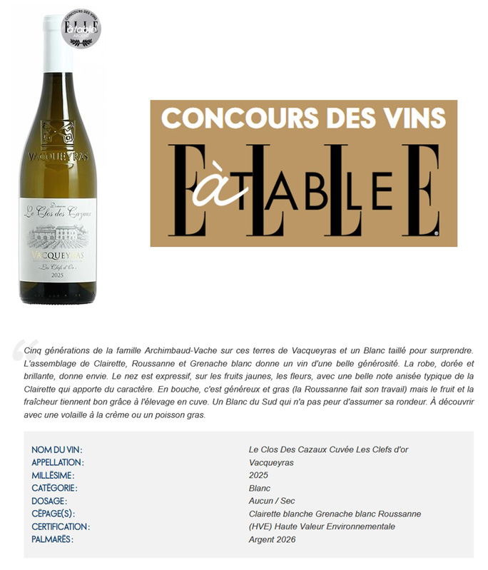 Argent Concours des Vins Elle à Table - Vacqueyras 2025