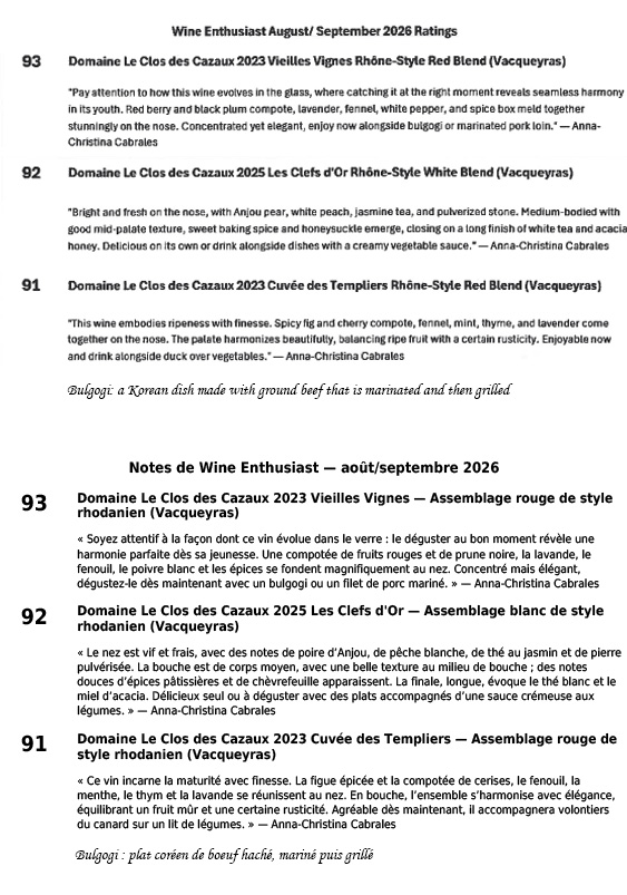 Notes Wine Enthusiast Août / Septembre 2026